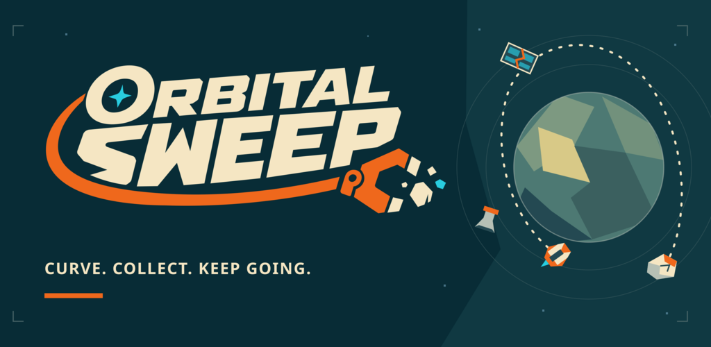 Orbital Sweep lettering beside a faceted planet, a collector and scattered spacecraft salvage