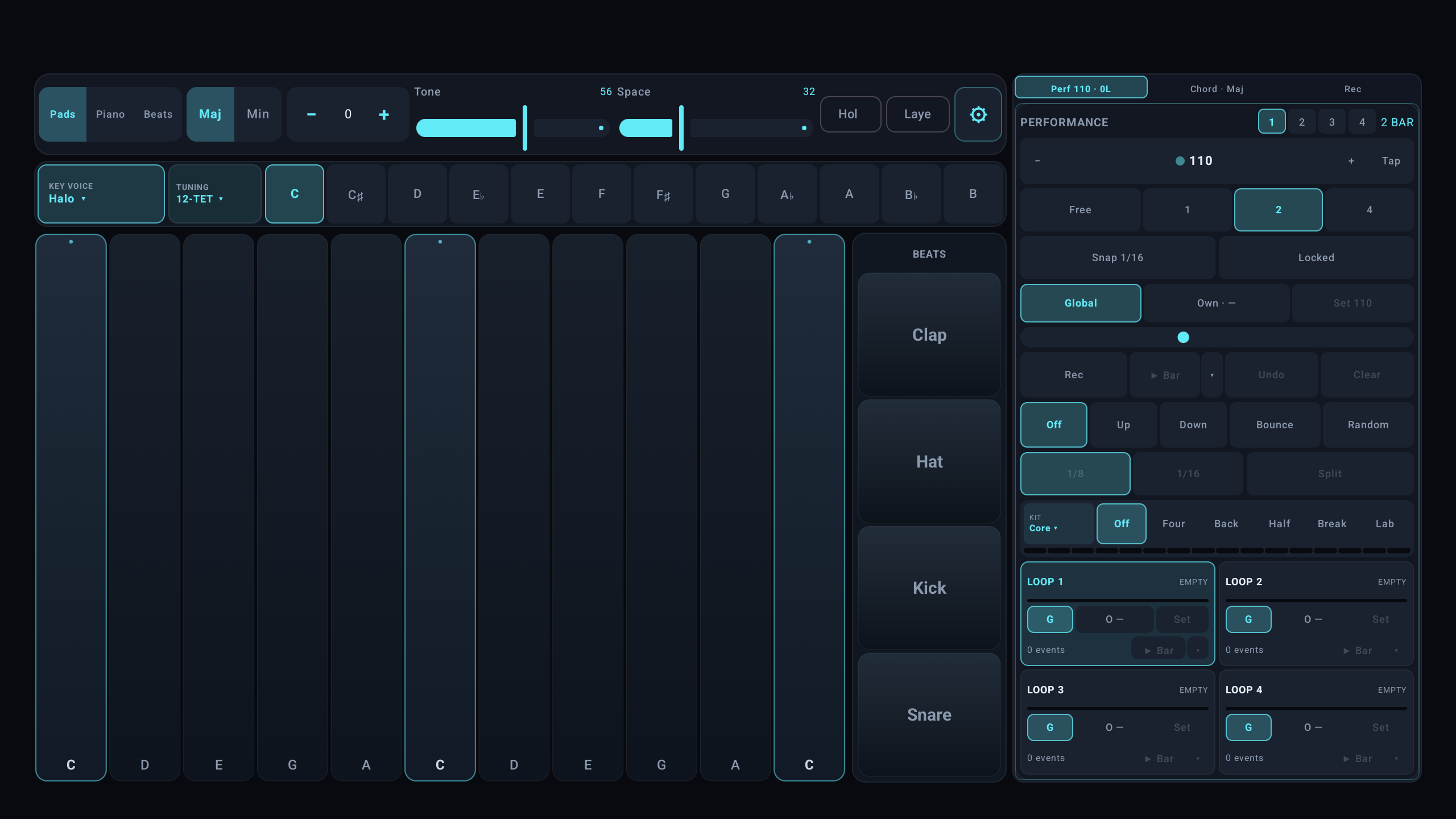 Pentaboard's landscape performance screen with pentatonic pads, sequencing controls, and sound settings
